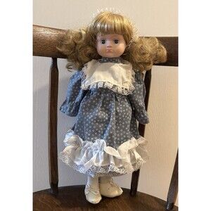 Vintage Porcelain Doll Blonde Blue Prairie Dress Lace 16” - Known As “Elowen”